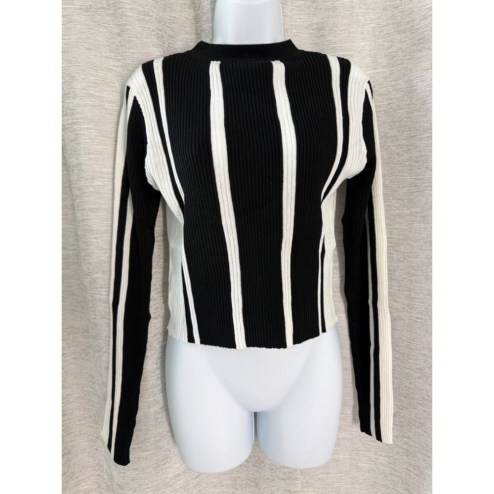Lucy Paris Womens Black White Striped Ribbed Knit Sweater size Large NWT